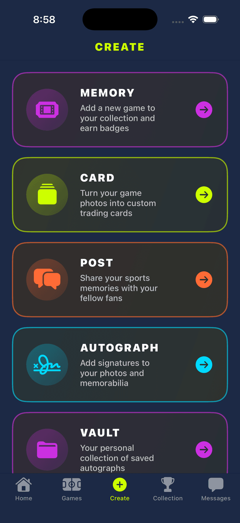 Memory Row Create screen showing Memory, Card, Post, Autograph, and Vault options