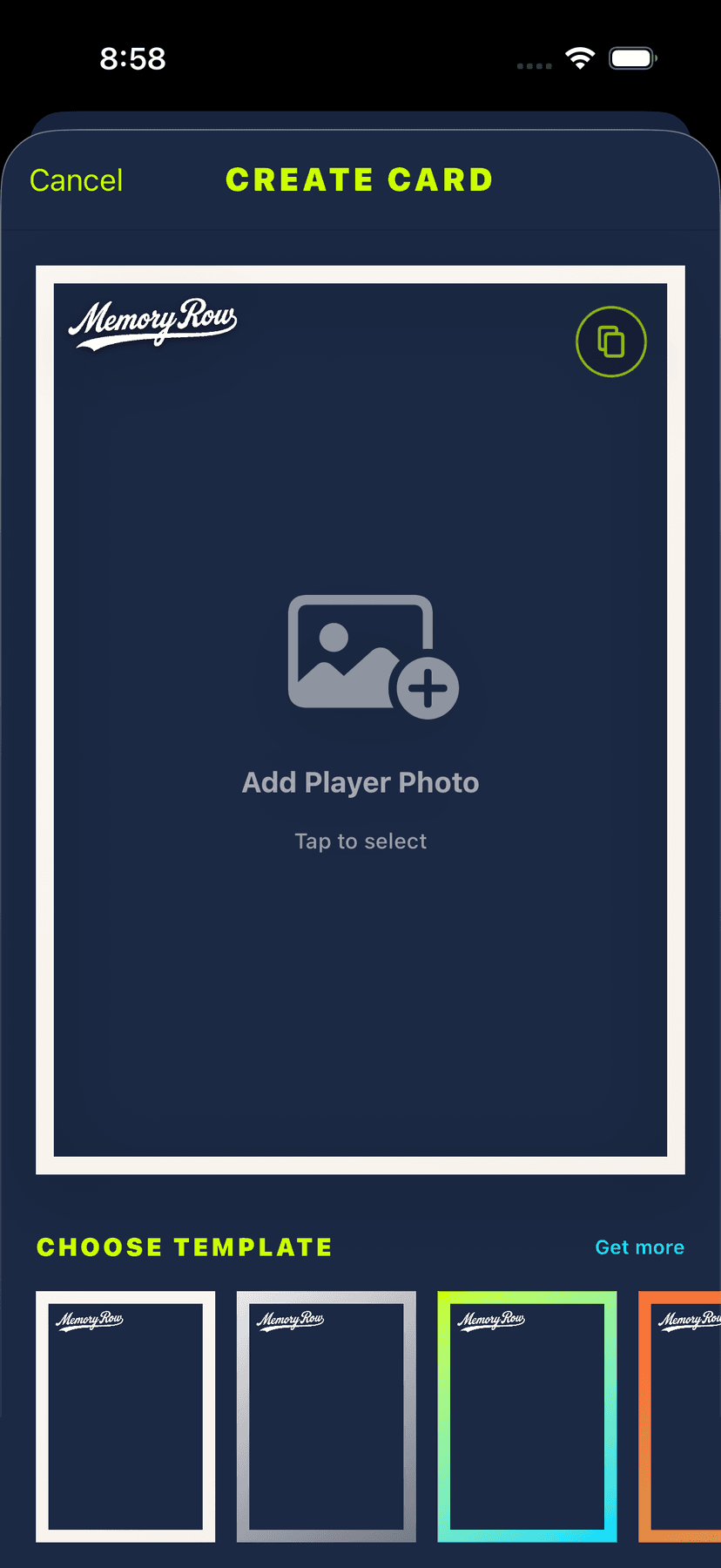 Create Card screen with player photo upload and template selection