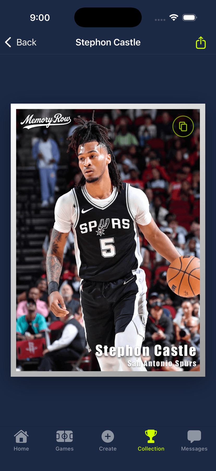 Finished Stephon Castle trading card in the Memory Row app